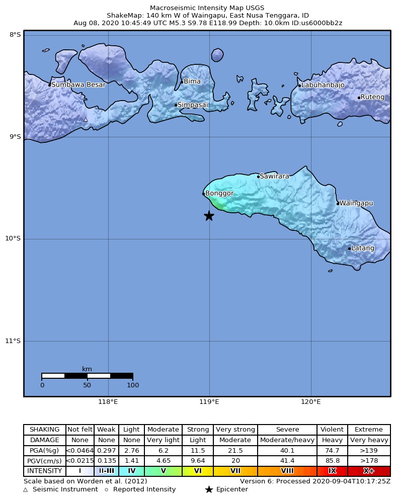 USGS ShakeMap intensity contours for the M5.3 earthquake near 140 km W of Waingapu, Indonesia