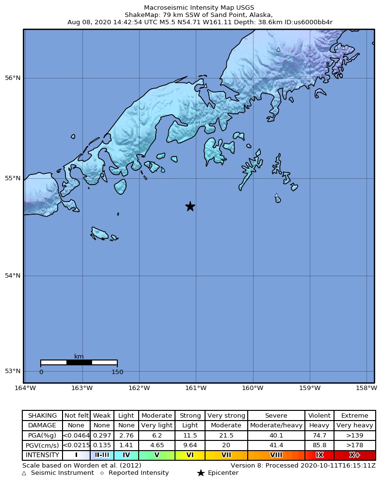 USGS ShakeMap: estimated shaking intensity around the epicenter