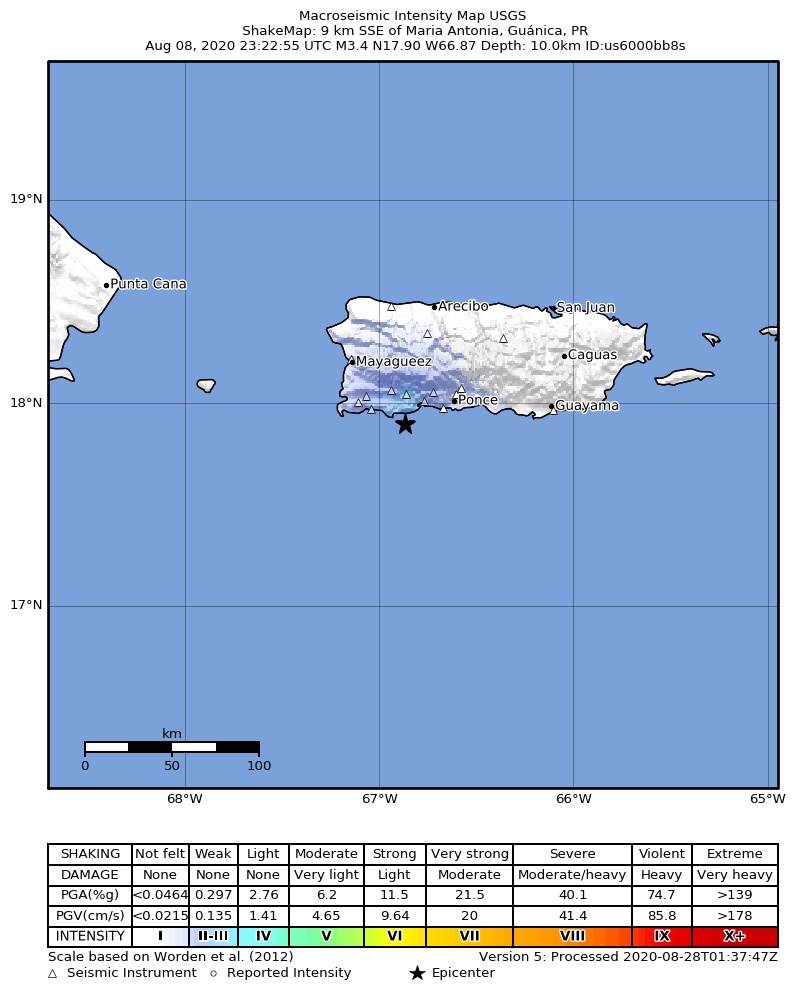 USGS ShakeMap intensity contours for the M3.1 earthquake near 6 km SSE of Guánica, Puerto Rico