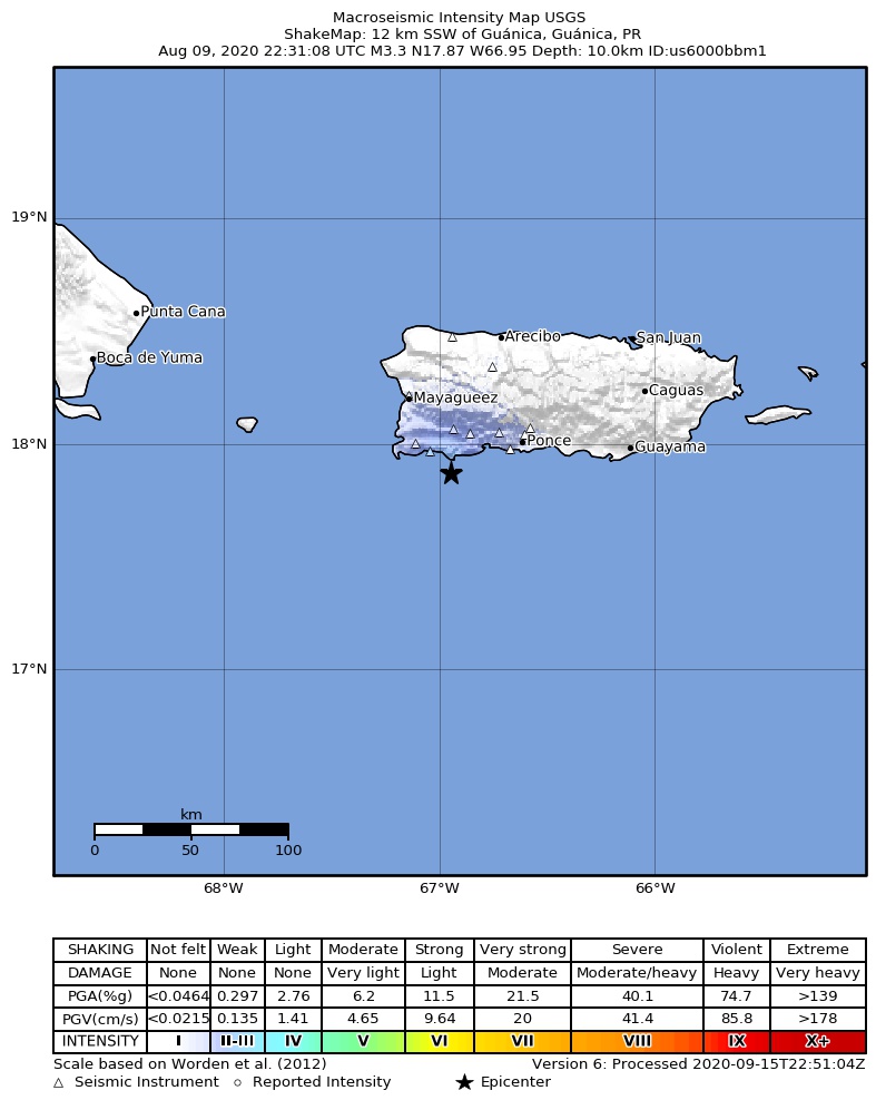 USGS ShakeMap intensity contours for the M3.1 earthquake near 6 km WSW of Guánica, Puerto Rico
