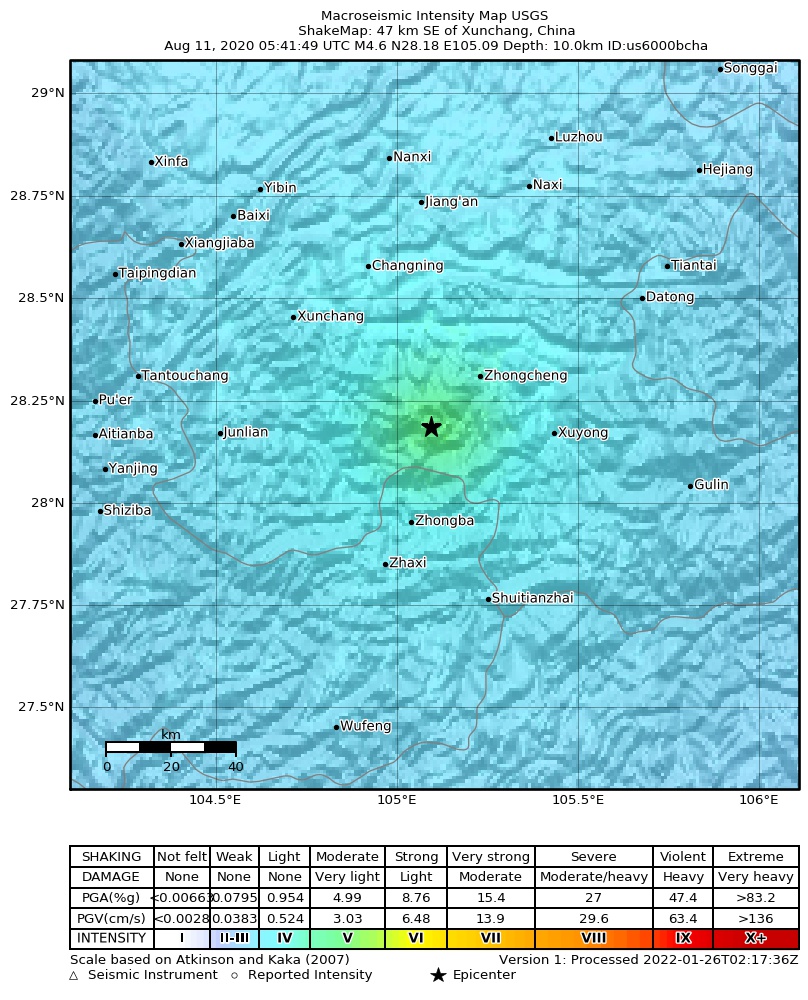 USGS ShakeMap intensity contours for the M4.6 earthquake near 47 km SE of Xunchang, China