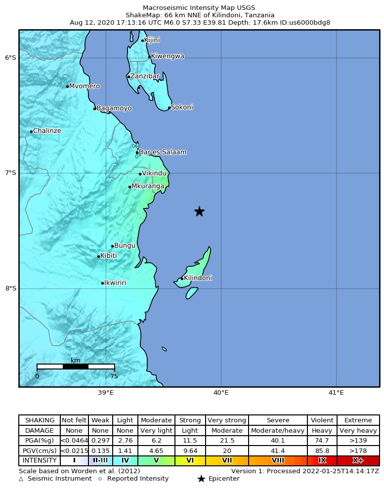 USGS ShakeMap intensity contours for the M6.0 earthquake near 66 km NNE of Kilindoni, Tanzania