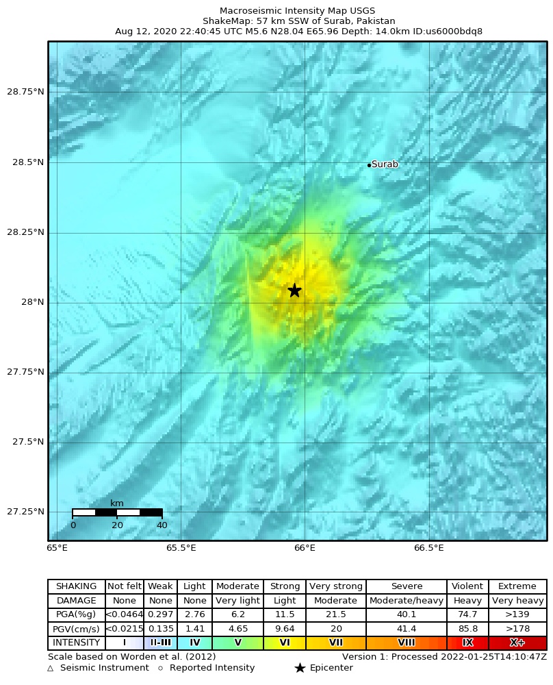 USGS ShakeMap intensity contours for the M5.6 earthquake near 57 km SSW of Surab, Pakistan