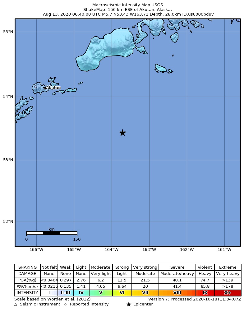 USGS ShakeMap: estimated shaking intensity around the epicenter