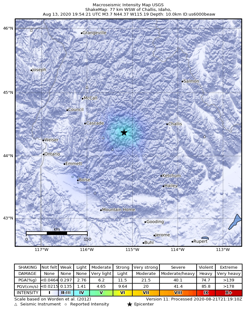 USGS ShakeMap intensity contours for the M3.7 earthquake near 26 km NW of Stanley, Idaho