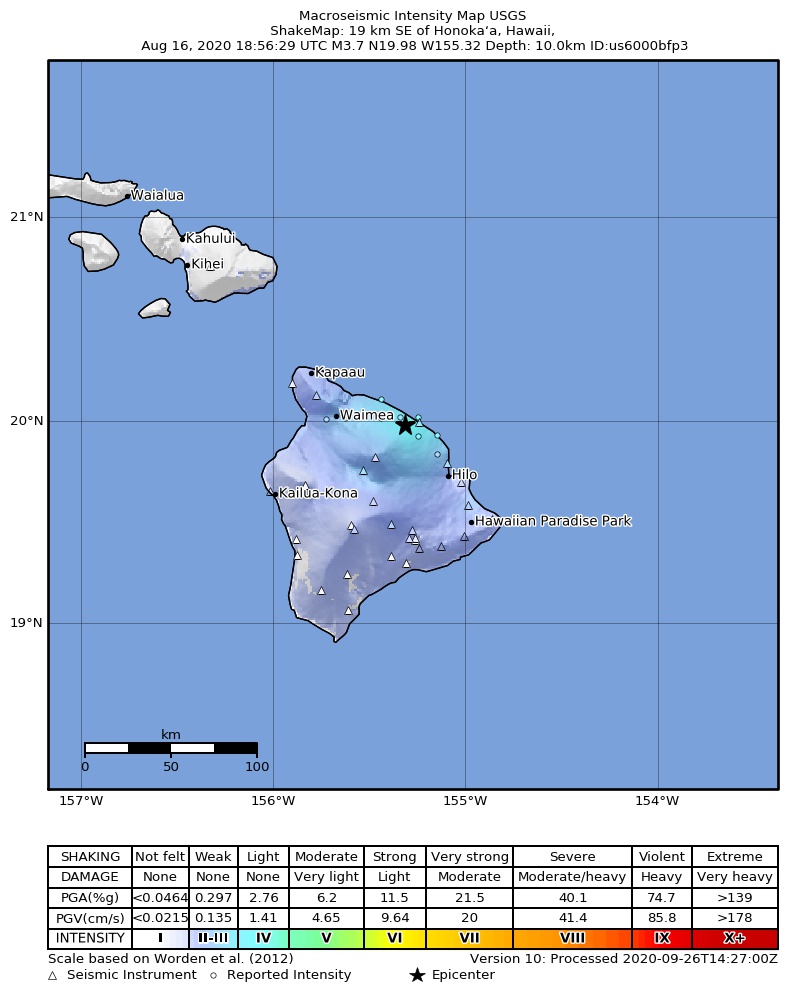 USGS ShakeMap intensity contours for the M2.9 earthquake near 6 km SE of Pa‘auilo, Hawaii