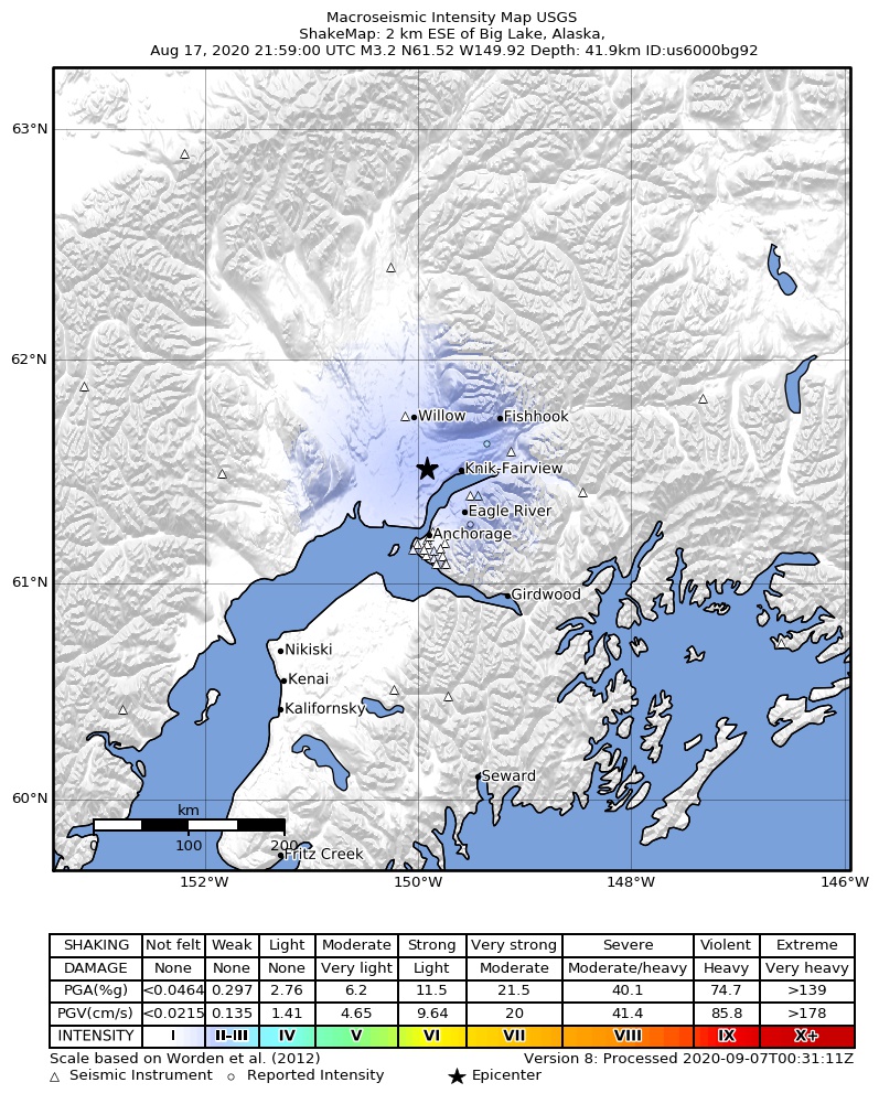 USGS ShakeMap intensity contours for the M3.1 earthquake near 4 km SE of Big Lake, Alaska