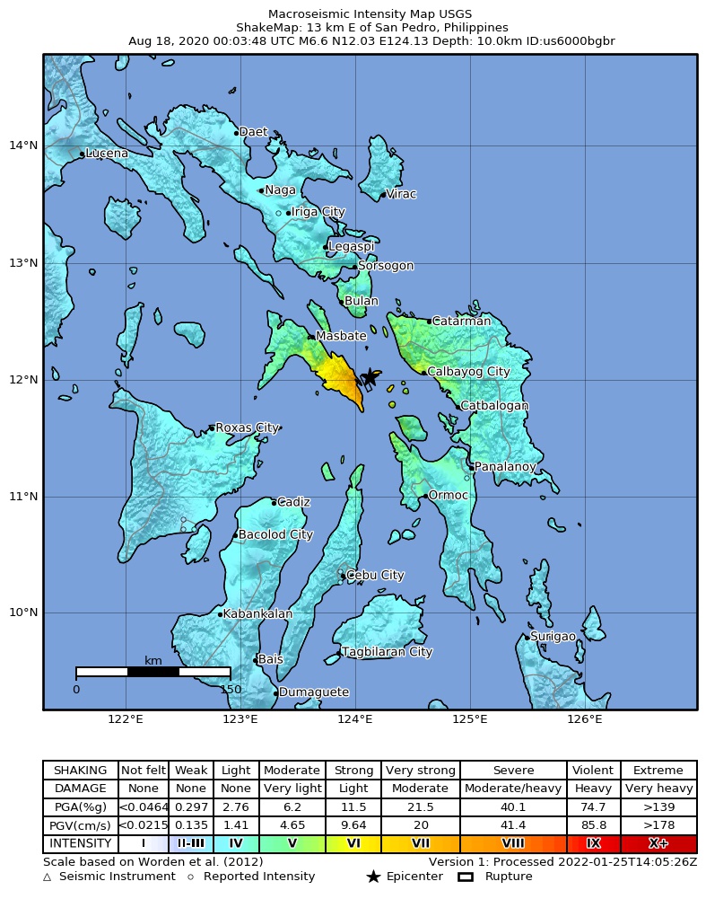 USGS ShakeMap intensity contours for the M6.6 earthquake near 13 km E of San Pedro, Philippines