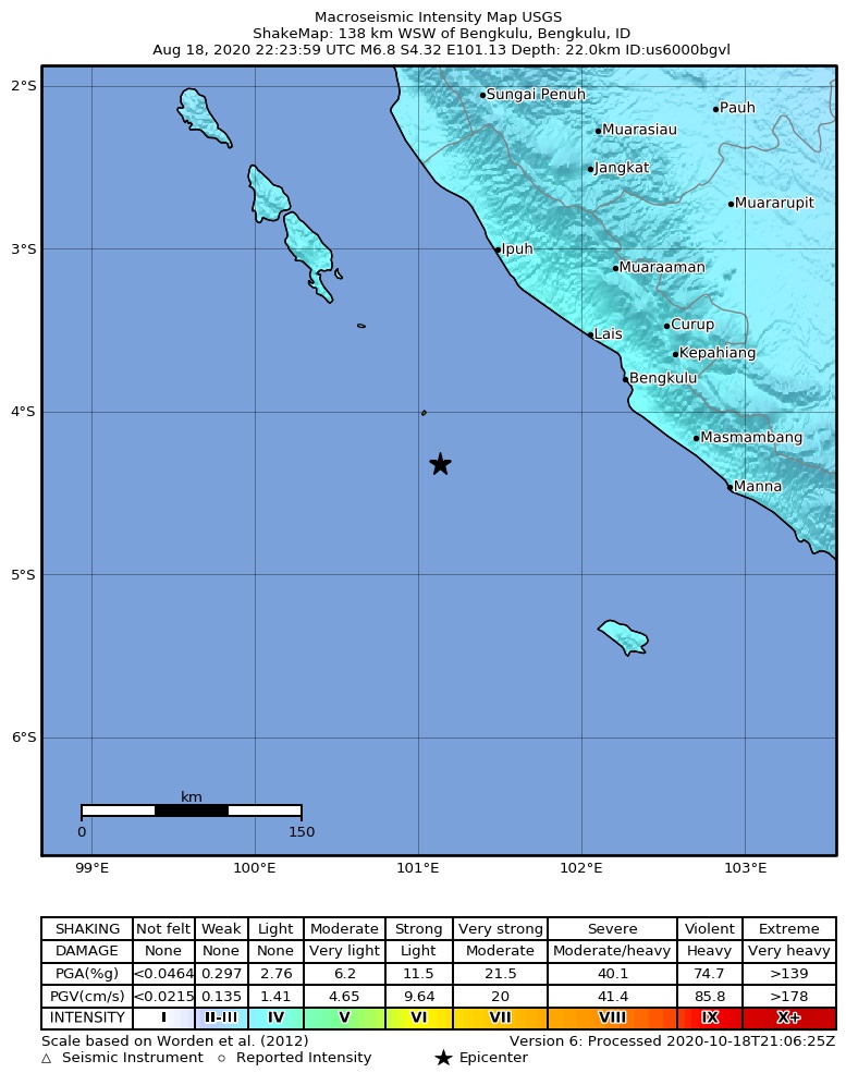 USGS ShakeMap intensity contours for the M6.8 earthquake near 138 km WSW of Bengkulu, Indonesia