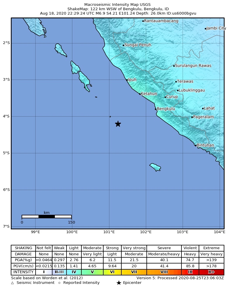 USGS ShakeMap intensity contours for the M6.9 earthquake near 122 km WSW of Bengkulu, Indonesia