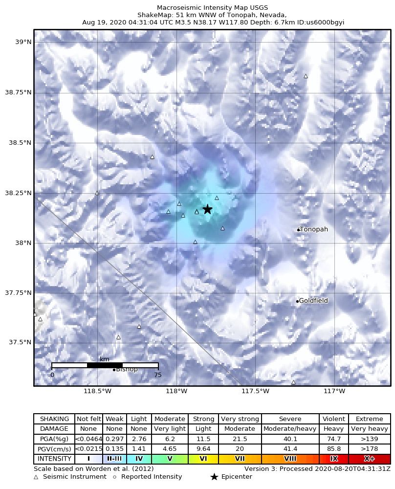 USGS ShakeMap: estimated shaking intensity around the epicenter