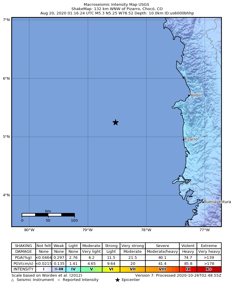 USGS ShakeMap intensity contours for the M5.3 earthquake near 132 km WNW of Pizarro, Colombia