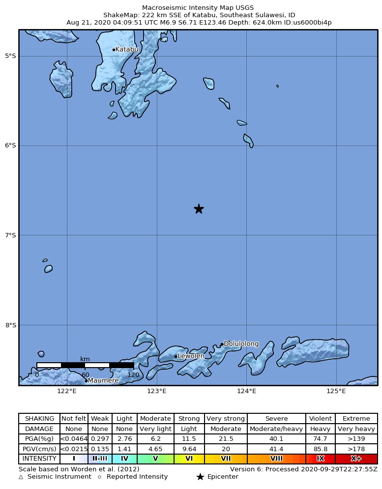 USGS ShakeMap intensity contours for the M6.9 earthquake near 222 km SSE of Katabu, Indonesia