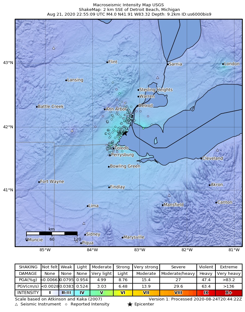 USGS ShakeMap intensity contours for the M3.2 earthquake near 2 km SSE of Detroit Beach, Michigan