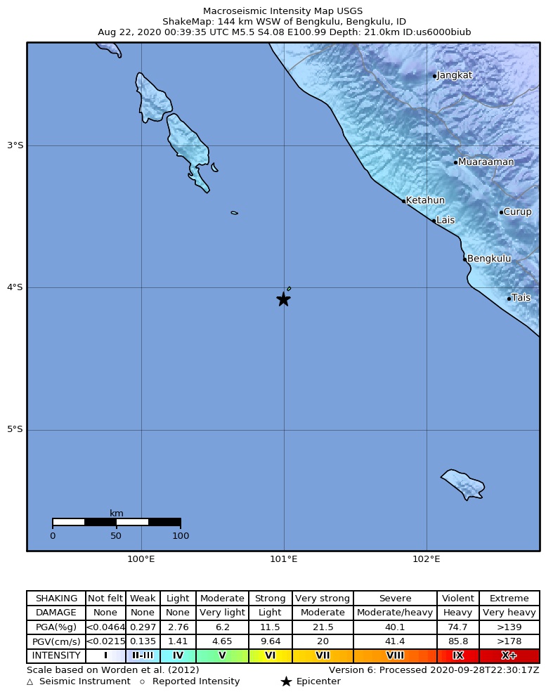 USGS ShakeMap intensity contours for the M5.5 earthquake near 144 km WSW of Bengkulu, Indonesia