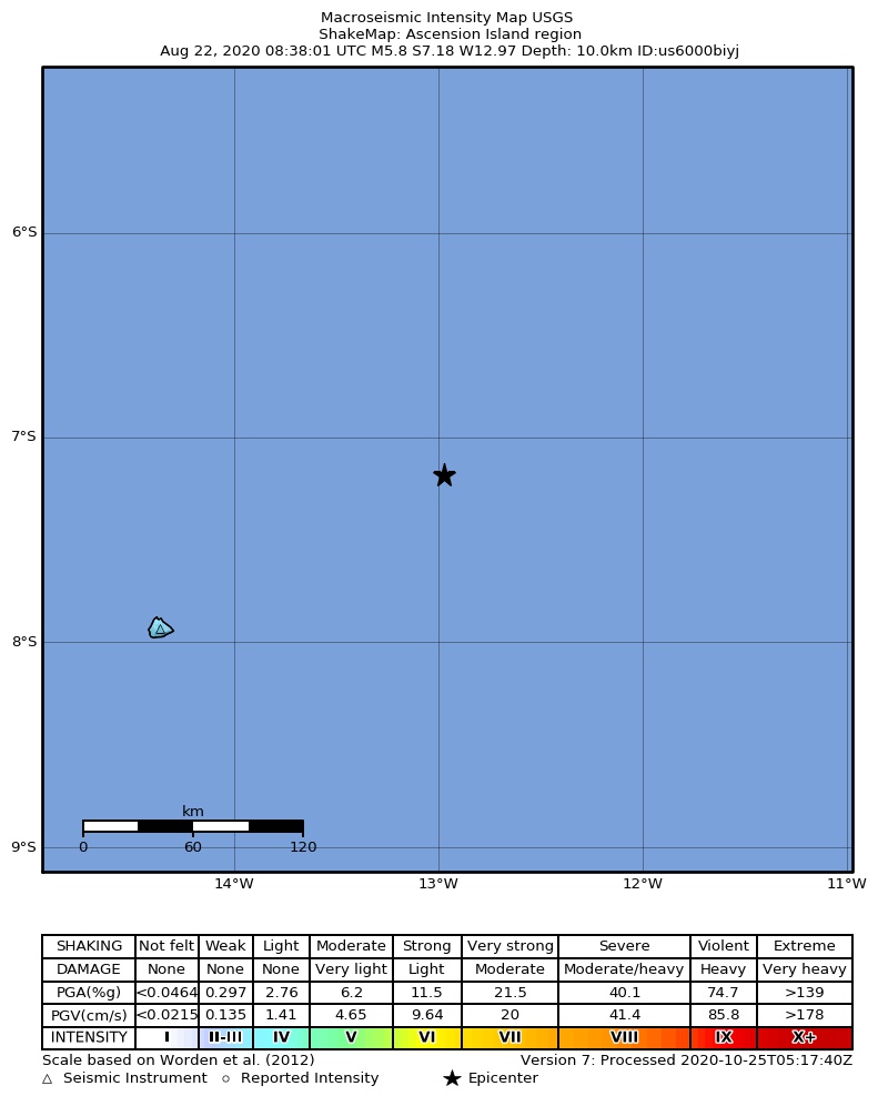 USGS ShakeMap intensity contours for the M5.8 earthquake near 178 km ENE of Georgetown, Saint Helena
