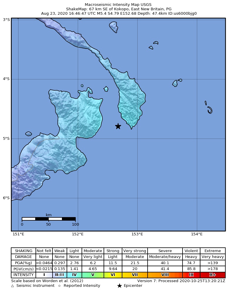 USGS ShakeMap intensity contours for the M5.4 earthquake near 67 km SE of Kokopo, Papua New Guinea