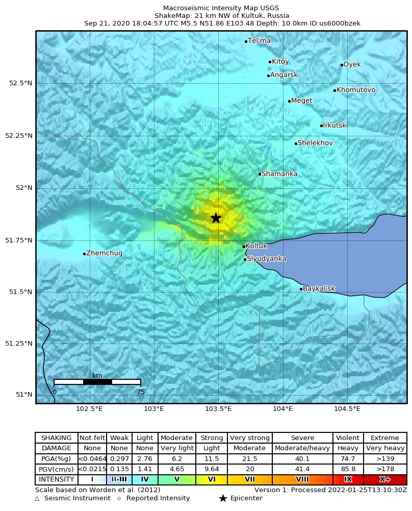 USGS ShakeMap intensity contours for the M5.5 earthquake near 21 km NW of Kultuk, Russia