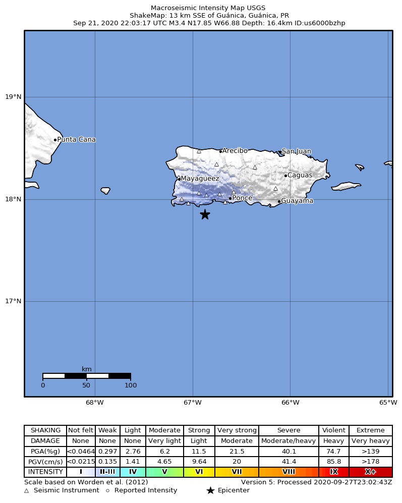 USGS ShakeMap intensity contours for the M3.4 earthquake near 10 km S of Guánica, Puerto Rico