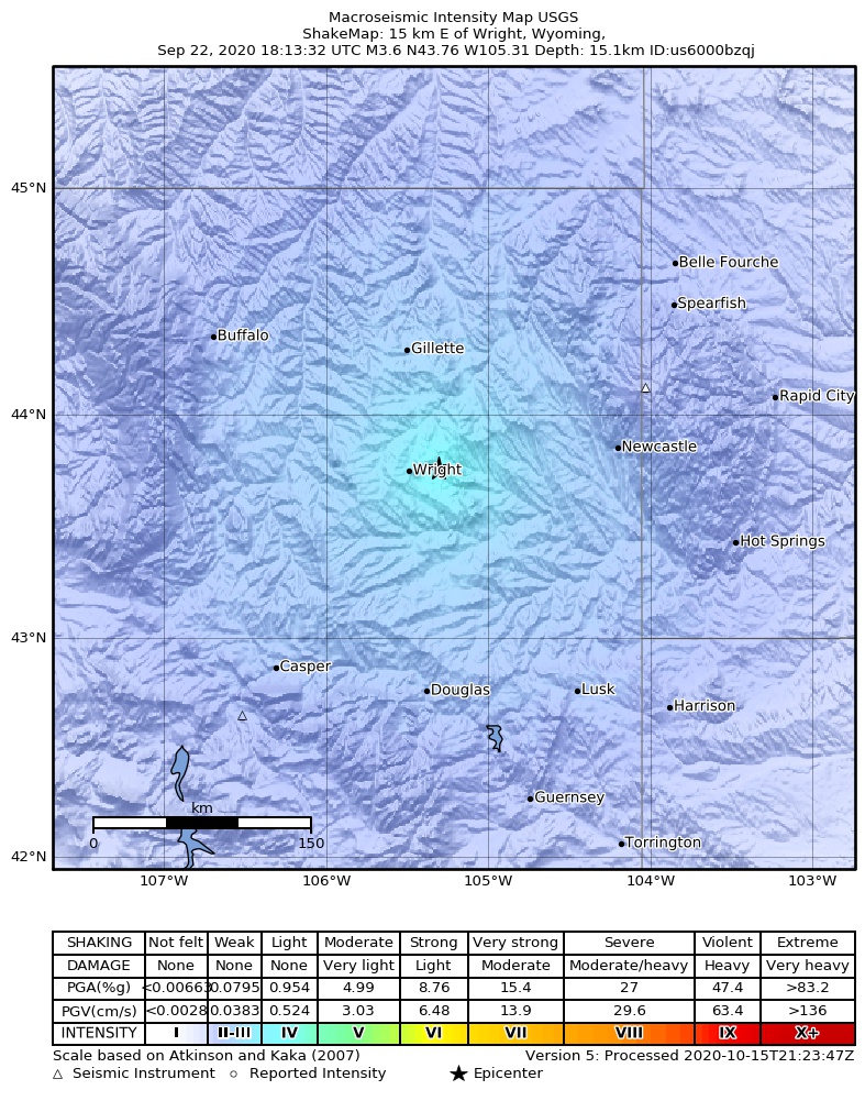 USGS ShakeMap intensity contours for the M3.6 earthquake near 15 km ENE of Wright, Wyoming