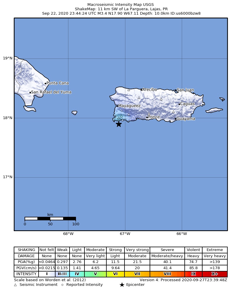 USGS ShakeMap intensity contours for the M3.5 earthquake near 6 km WSW of La Parguera, Puerto Rico