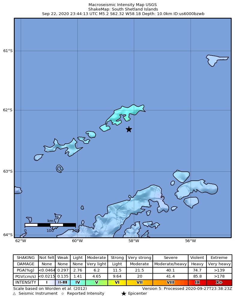 USGS ShakeMap intensity contours for the M5.2 earthquake near South Shetland Islands