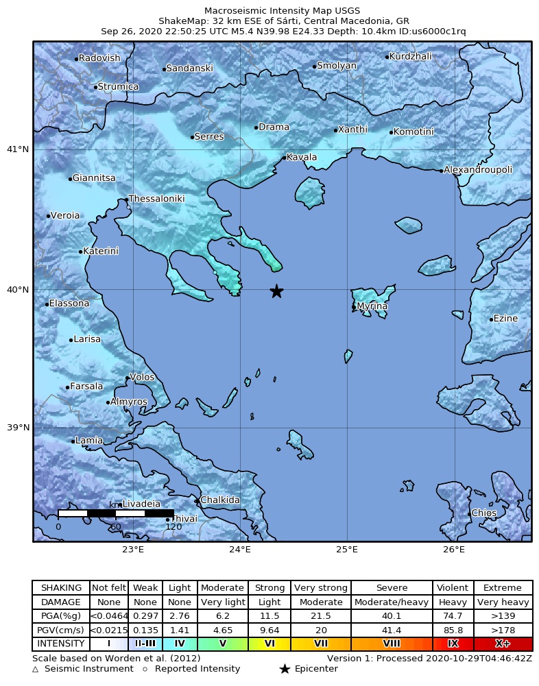 USGS ShakeMap intensity contours for the M5.4 earthquake near 31 km SSE of Karyes, Greece