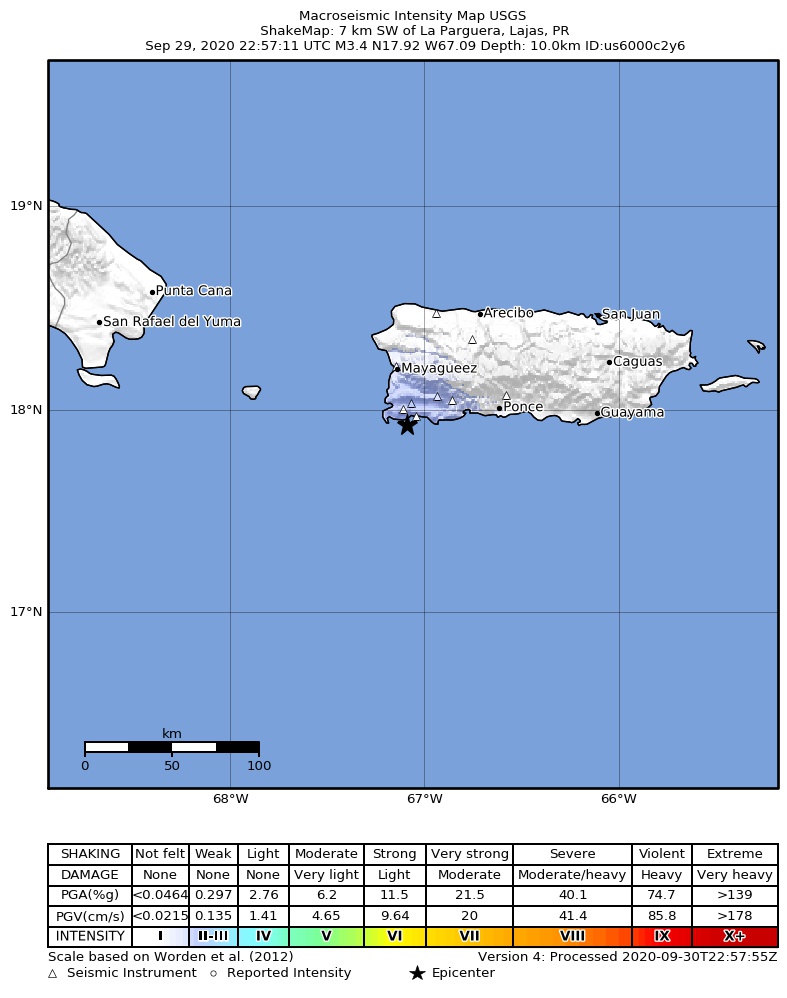USGS ShakeMap intensity contours for the M3.4 earthquake near 4 km SSW of La Parguera, Puerto Rico
