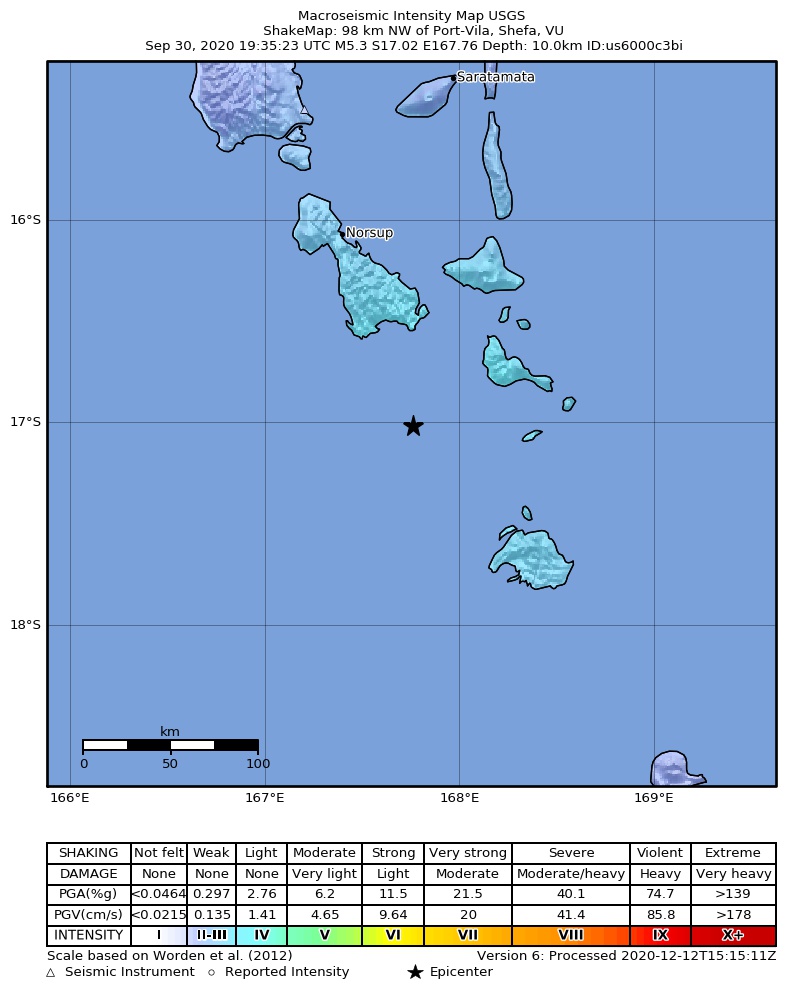 USGS ShakeMap intensity contours for the M5.3 earthquake near 98 km NW of Port-Vila, Vanuatu