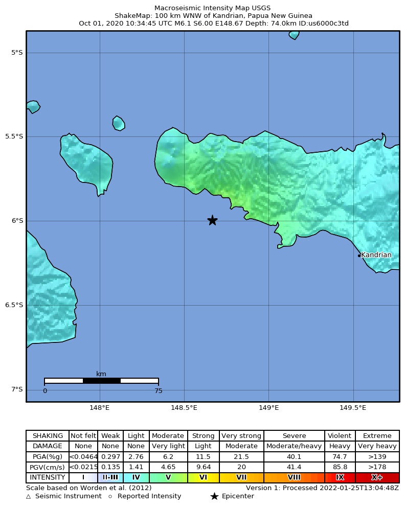 USGS ShakeMap intensity contours for the M6.1 earthquake near 100 km WNW of Kandrian, Papua New Guinea