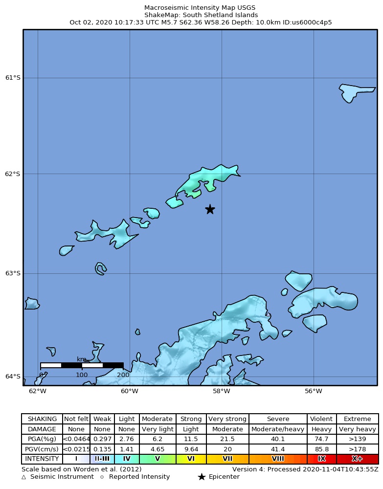 USGS ShakeMap intensity contours for the M5.7 earthquake near South Shetland Islands