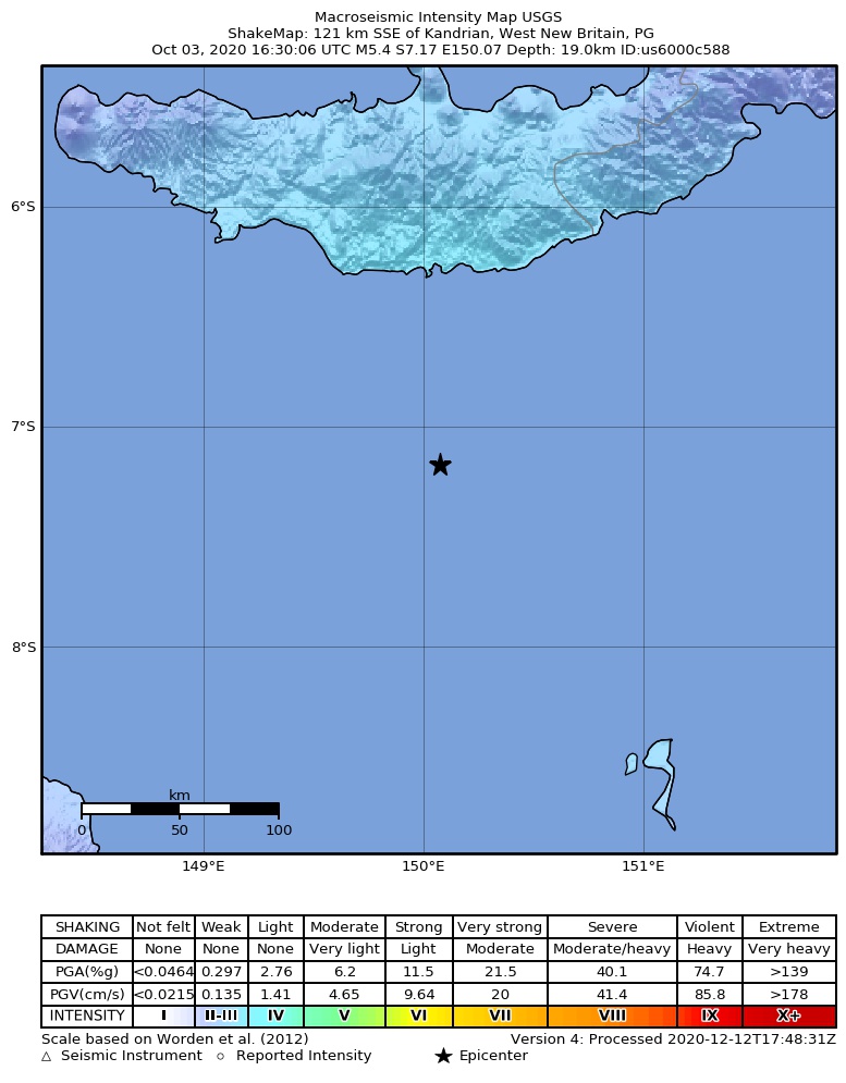 USGS ShakeMap intensity contours for the M5.4 earthquake near 121 km SSE of Kandrian, Papua New Guinea