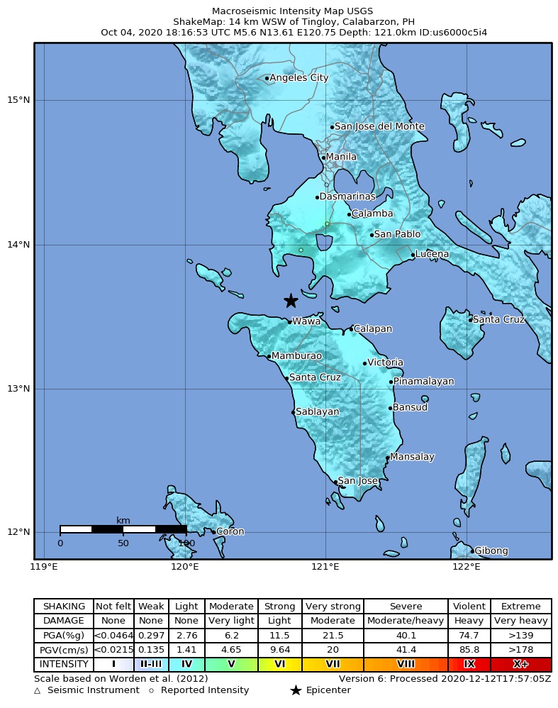 USGS ShakeMap intensity contours for the M5.6 earthquake near 14 km WSW of Tingloy, Philippines