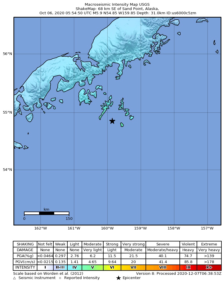 USGS ShakeMap: estimated shaking intensity around the epicenter
