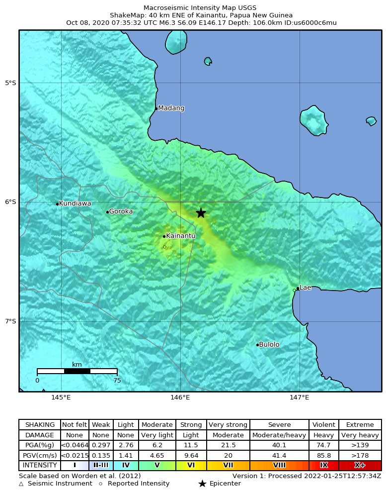 USGS ShakeMap intensity contours for the M6.3 earthquake near 40 km ENE of Kainantu, Papua New Guinea