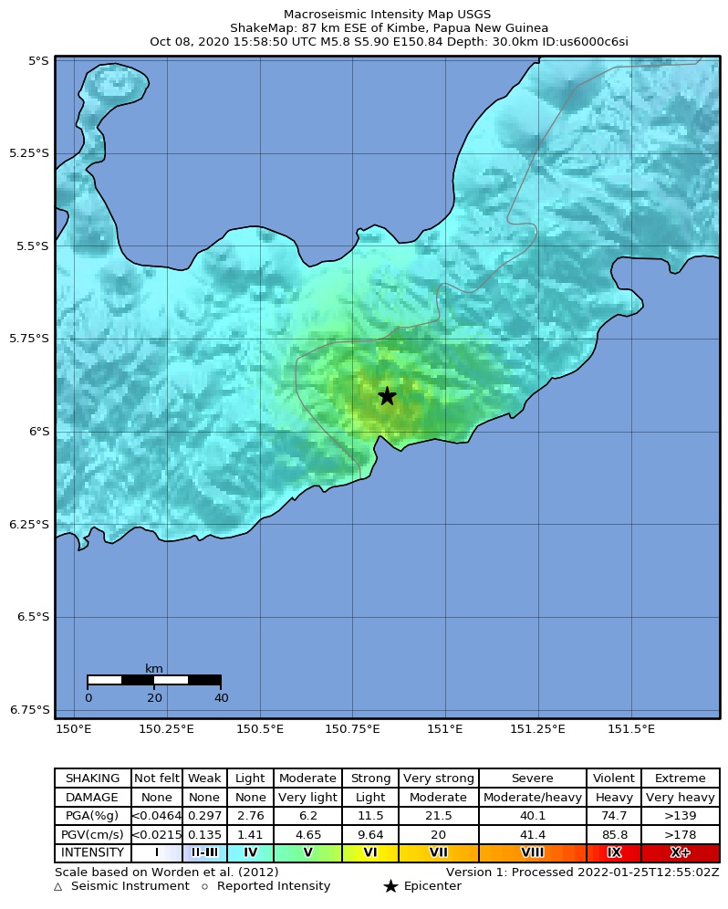 USGS ShakeMap intensity contours for the M5.8 earthquake near 87 km ESE of Kimbe, Papua New Guinea