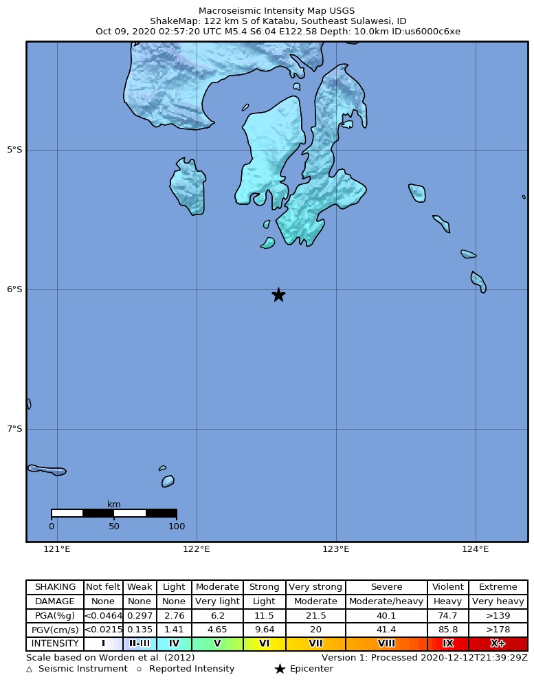 USGS ShakeMap intensity contours for the M5.4 earthquake near 122 km S of Katabu, Indonesia