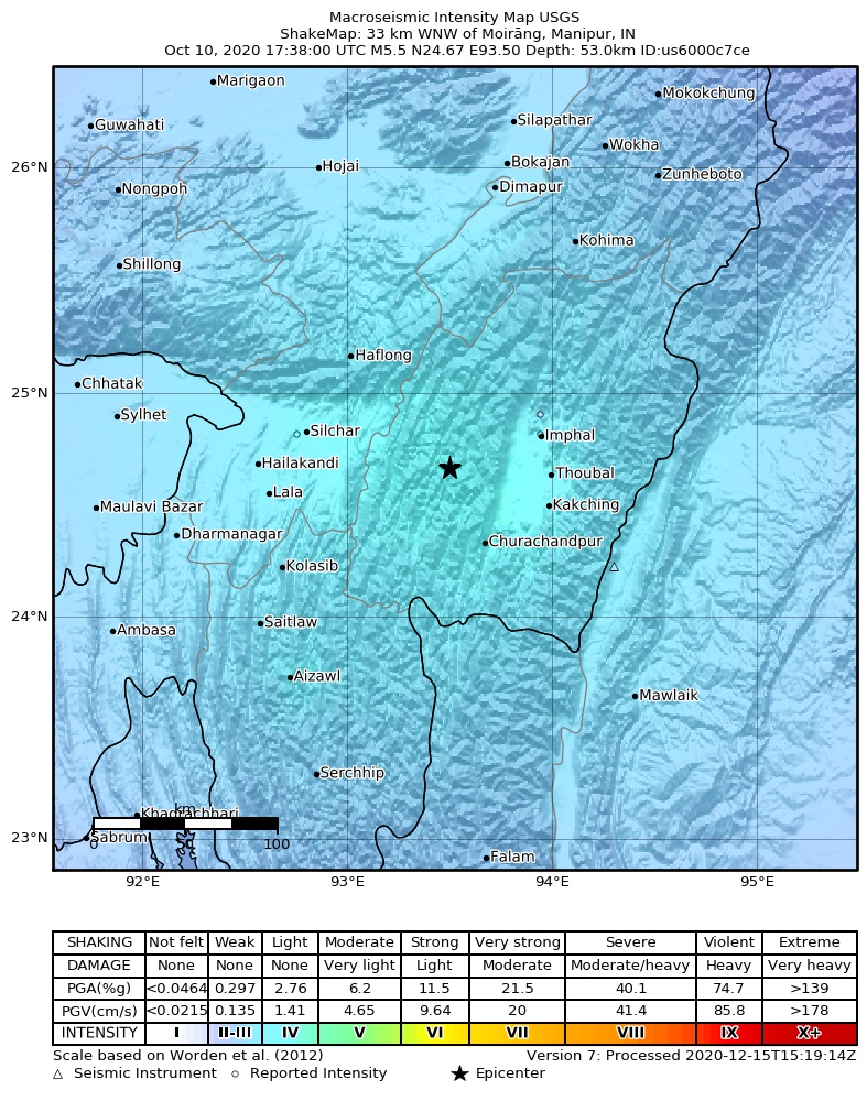 USGS ShakeMap intensity contours for the M5.5 earthquake near 33 km WNW of Moir?ng, India