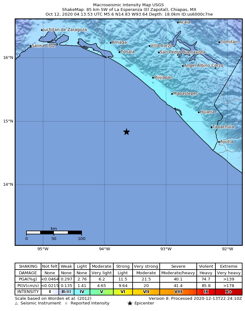 USGS ShakeMap intensity contours for the M5.6 earthquake near 85 km SW of La Esperanza (El Zapotal), Mexico
