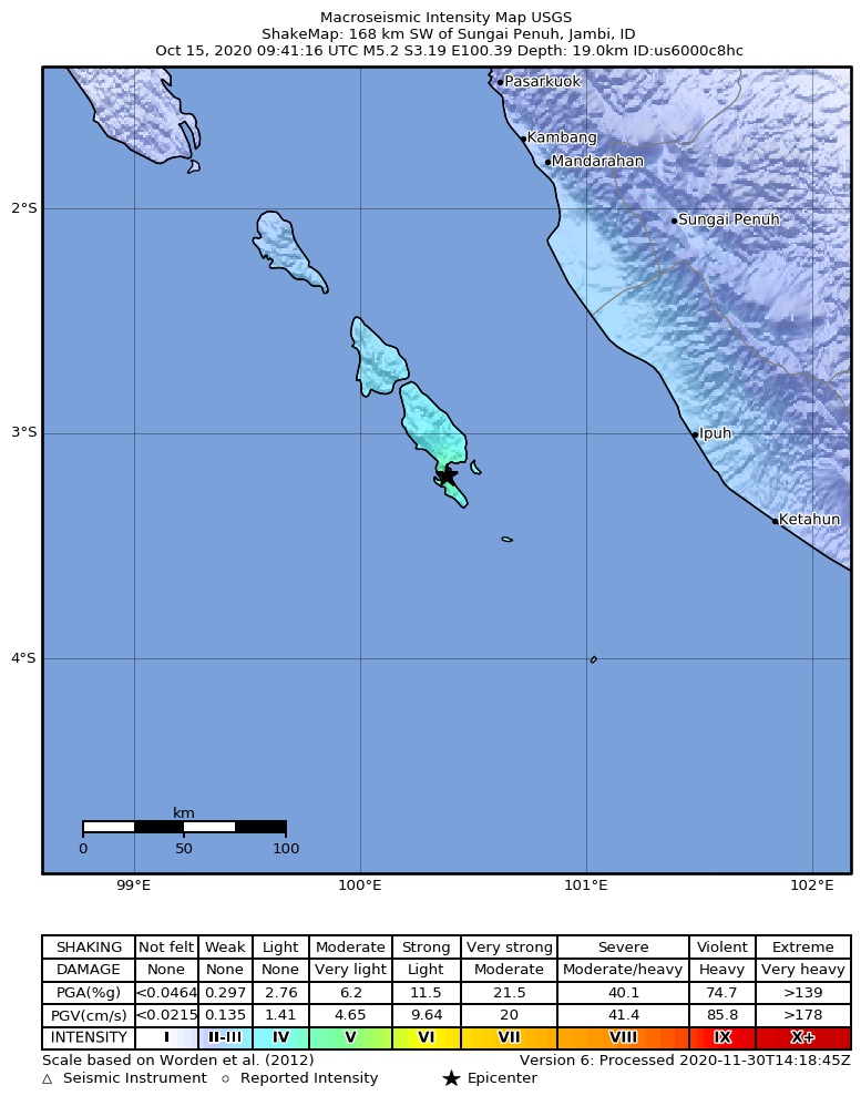 USGS ShakeMap intensity contours for the M5.2 earthquake near 168 km SW of Sungai Penuh, Indonesia