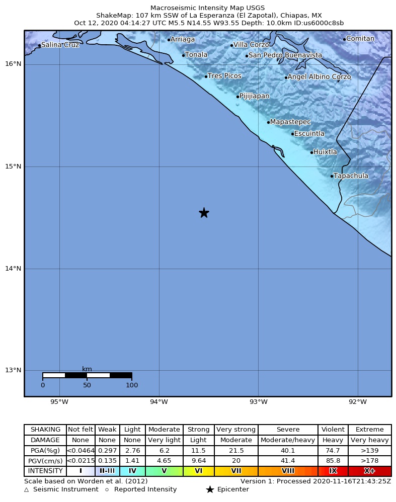 USGS ShakeMap intensity contours for the M5.5 earthquake near 107 km SSW of La Esperanza (El Zapotal), Mexico