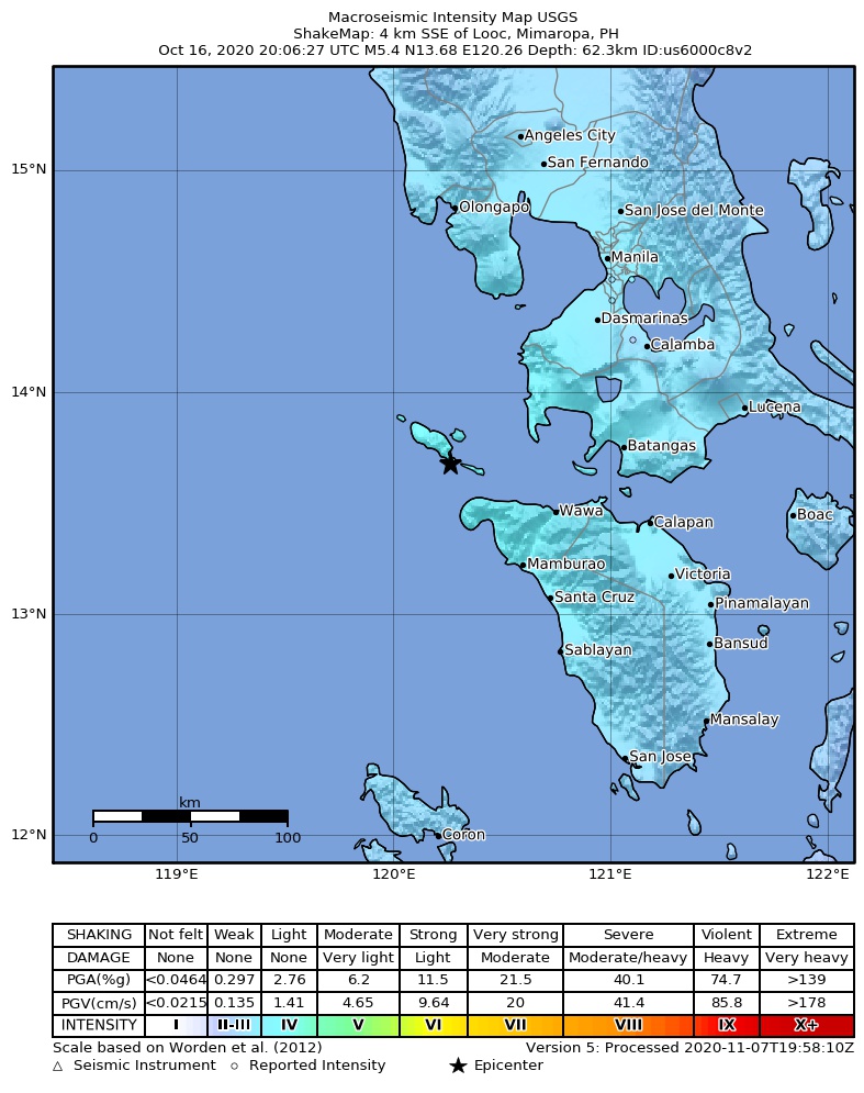 USGS ShakeMap intensity contours for the M5.4 earthquake near 4 km SSE of Looc, Philippines