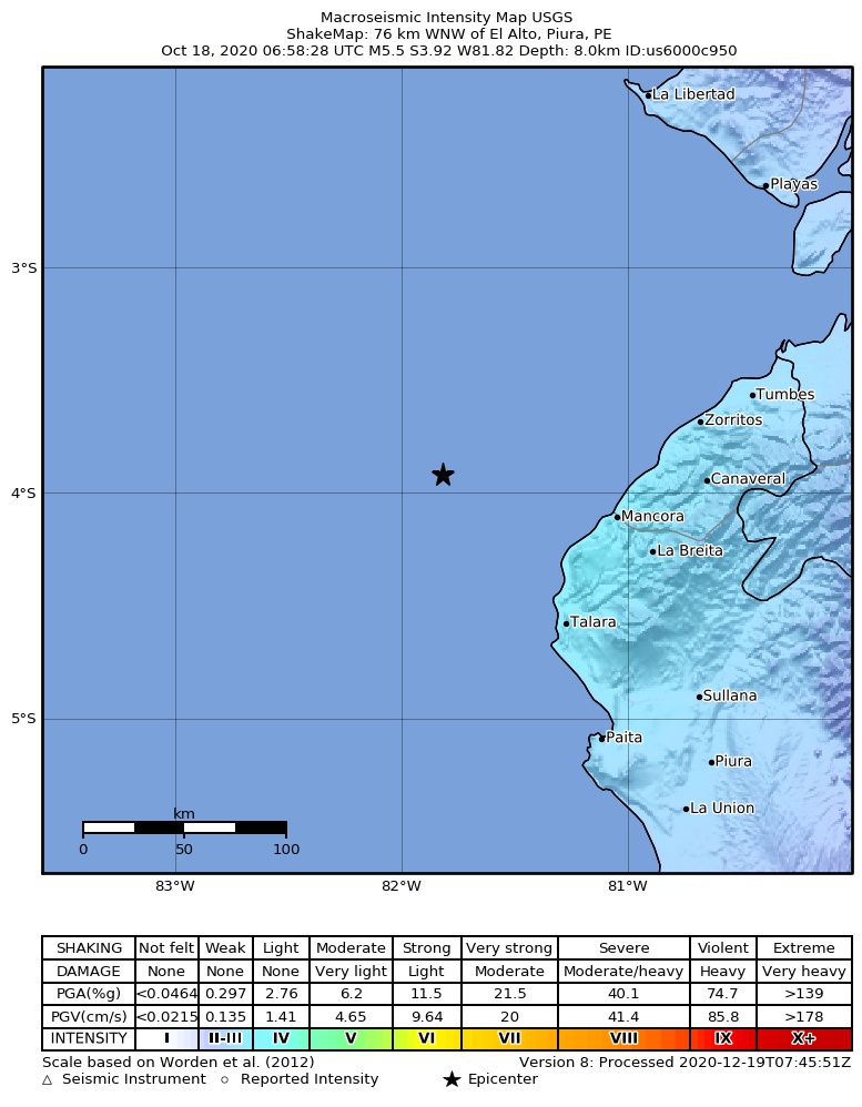 USGS ShakeMap intensity contours for the M5.5 earthquake near 76 km WNW of El Alto, Peru
