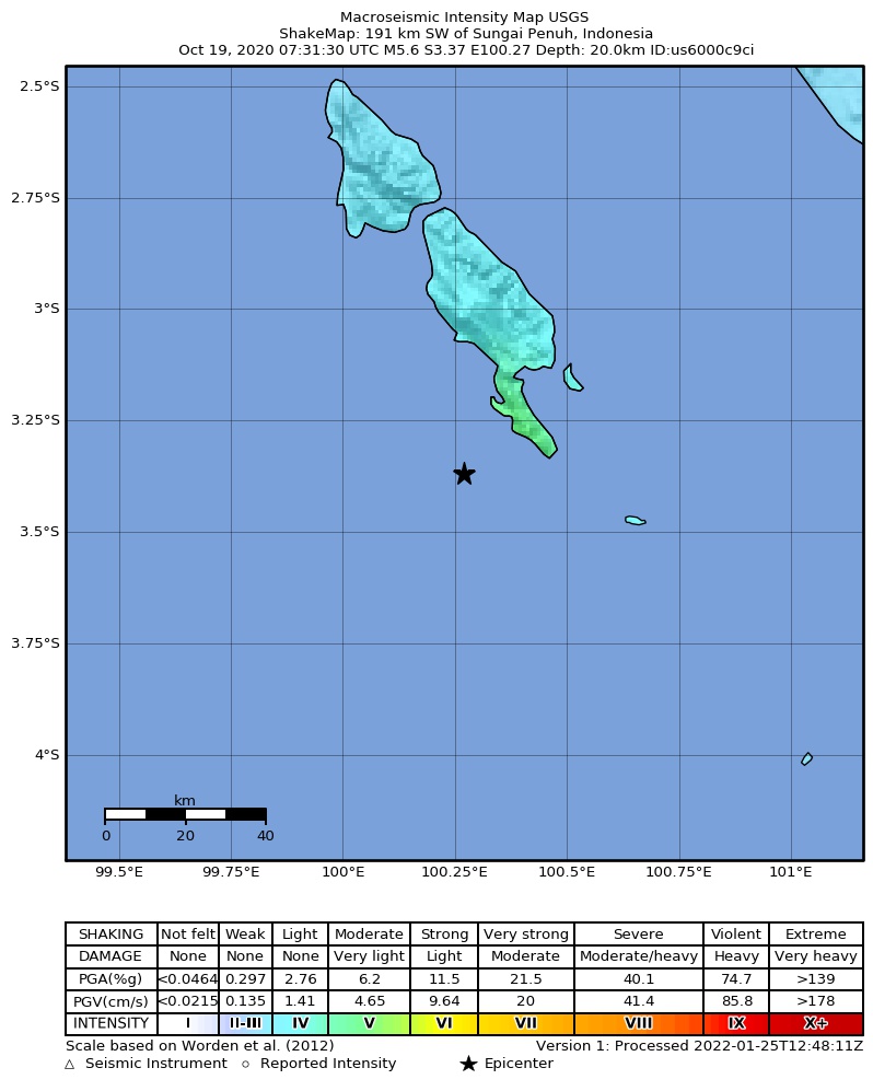 USGS ShakeMap intensity contours for the M5.6 earthquake near 191 km SW of Sungai Penuh, Indonesia