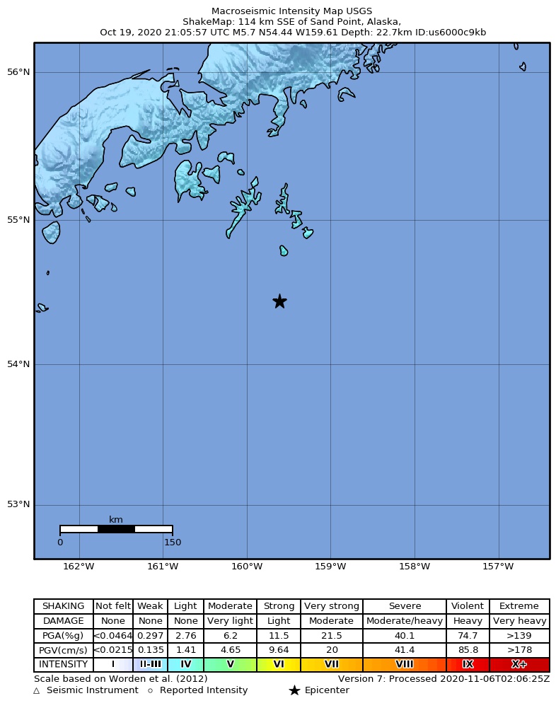 USGS ShakeMap: estimated shaking intensity around the epicenter