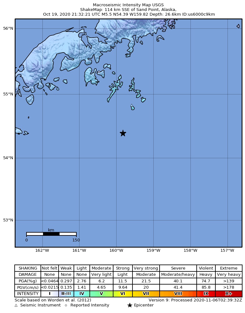 USGS ShakeMap: estimated shaking intensity around the epicenter