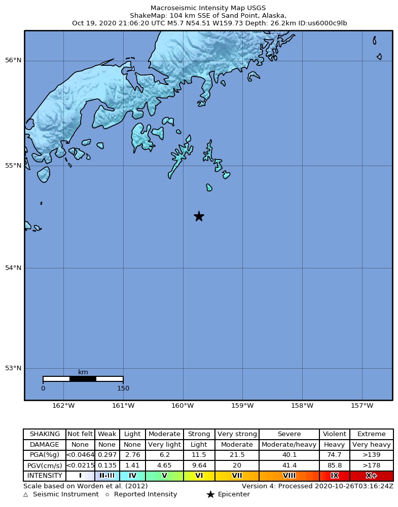 USGS ShakeMap: estimated shaking intensity around the epicenter