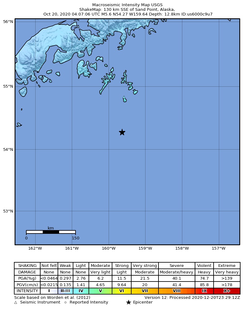 USGS ShakeMap: estimated shaking intensity around the epicenter