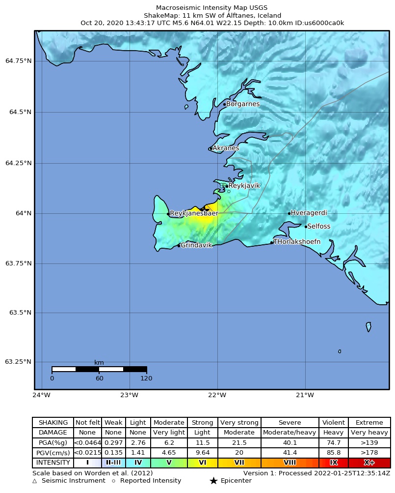 USGS ShakeMap intensity contours for the M5.6 earthquake near 11 km SW of Álftanes, Iceland