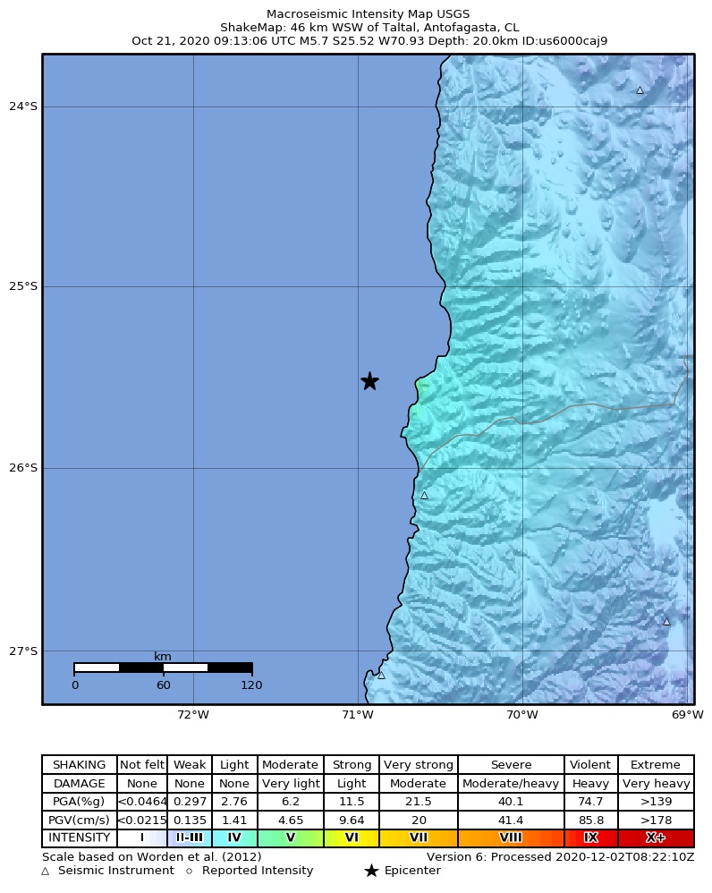 USGS ShakeMap: estimated shaking intensity around the epicenter